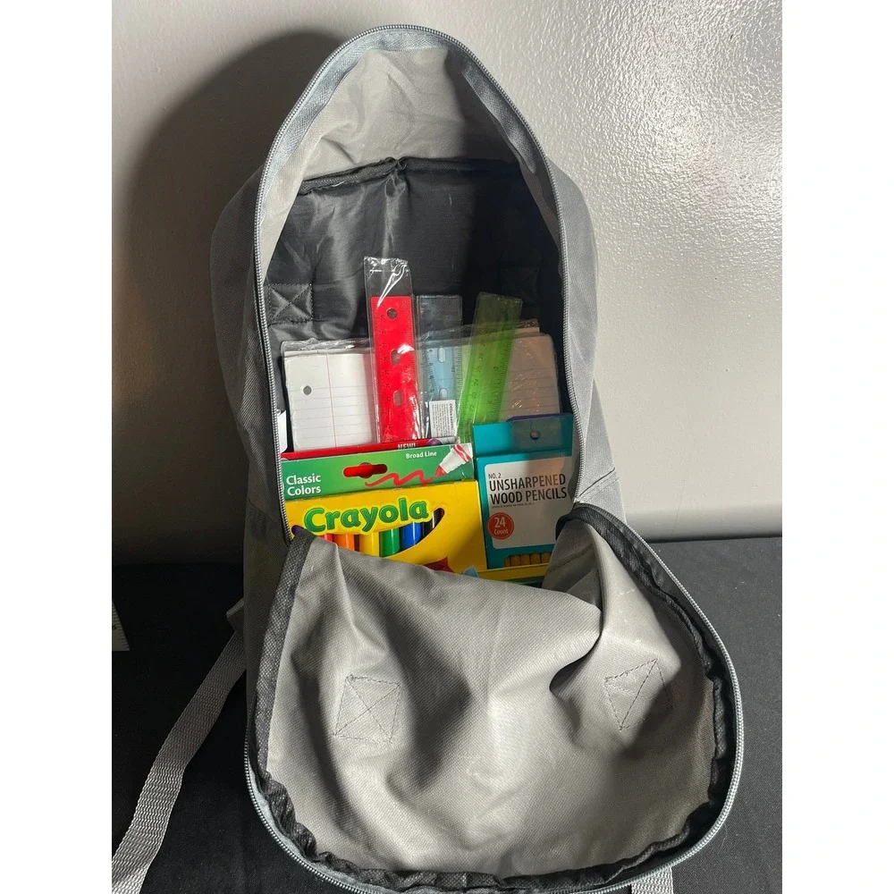 School Supply Bundle Grey Backpack Crayola Markers Pencils Paper Glue 40+ Pieces